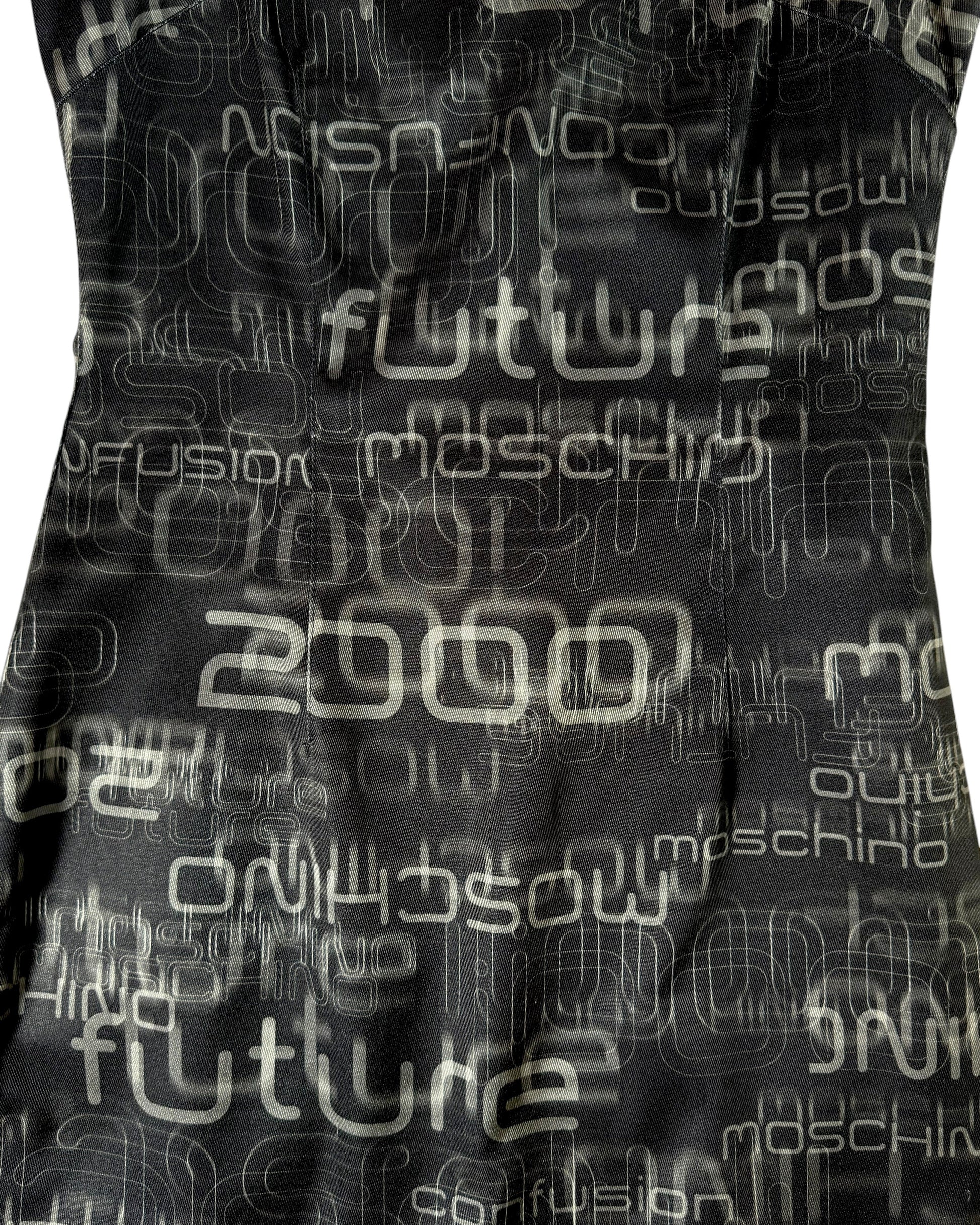 Black sleeveless moschino dress with white text pattern on a plain background
