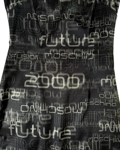 Black sleeveless moschino dress with white text pattern on a plain background