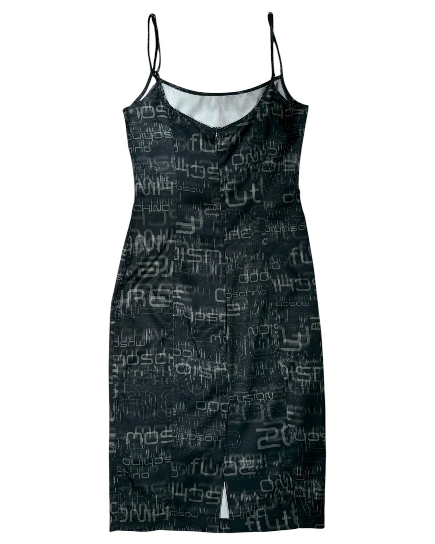 Black Moschino slip dress with white text pattern on a white background