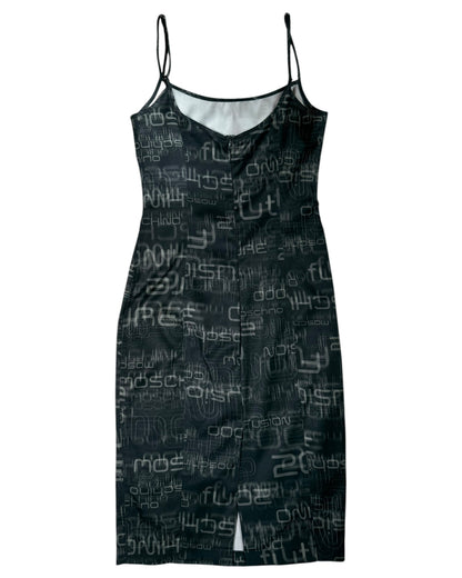 Black Moschino slip dress with white text pattern on a white background