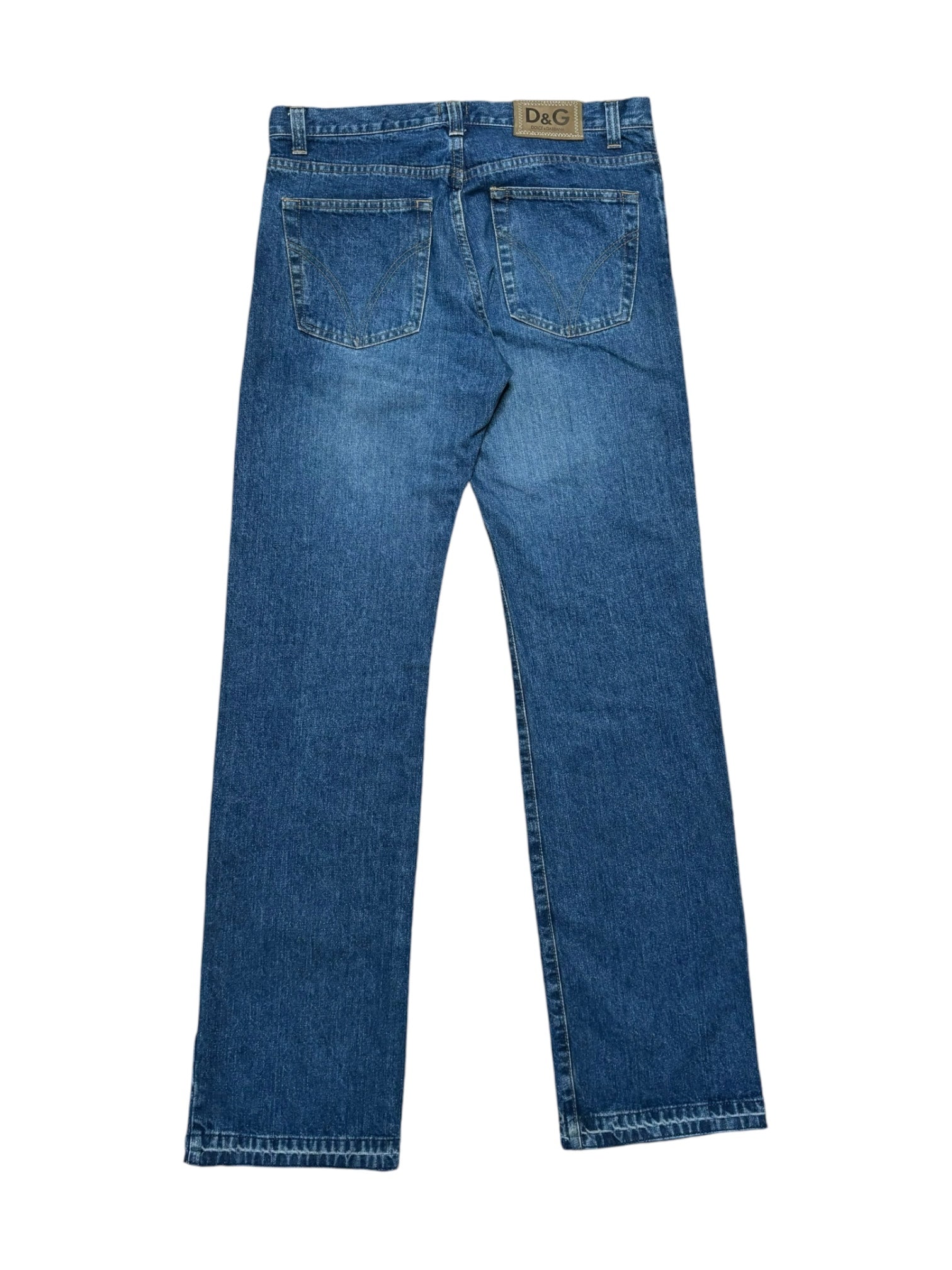 Back view of straight-leg jeans showing pocket stitching and label.