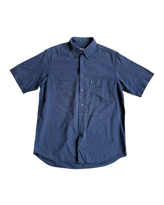 Front view of navy blue short-sleeve Moschino shirt with button-down collar