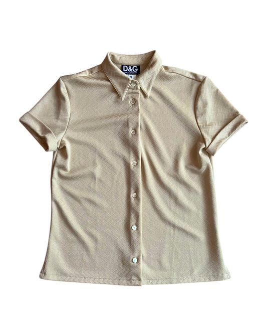 Front view of Dolce & Gabbana vintage beige jacquard short sleeve shirt
