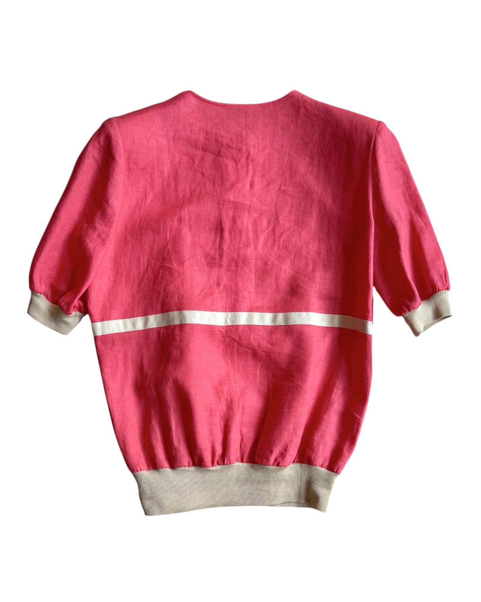 Back view of pink linen blouse from Valentino Studio with short puffed sleeves and beige hem, size L