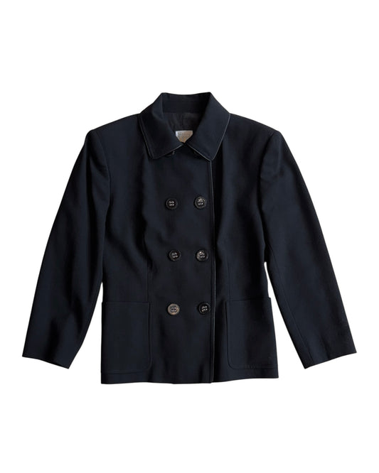 Front view of Gianfranco Ferré black wool short jacket with double breasted front, size M