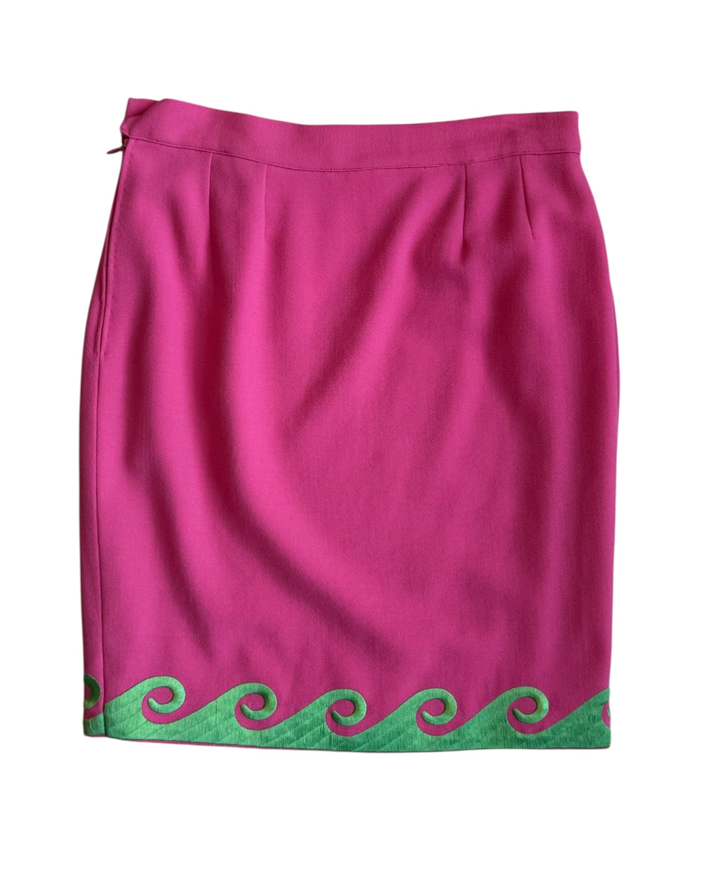 Back view of the pink Roccobarocco skirt with green wave trim