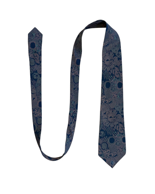 Vintage Trussardi navy silk tie with floral jacquard pattern – full view