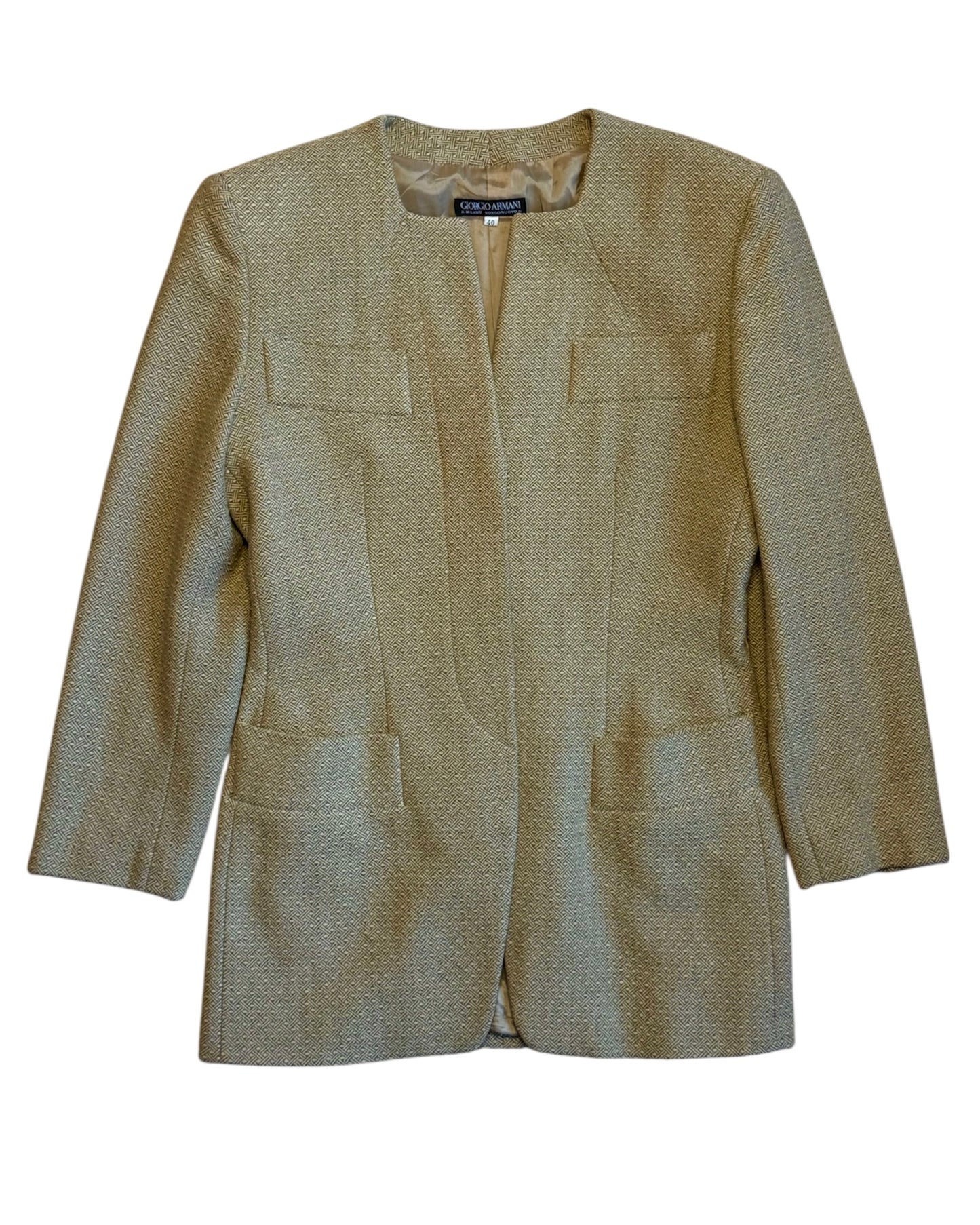 Front view of vintage Emporio Armani beige cashmere wool collarless blazer, women’s XS/S