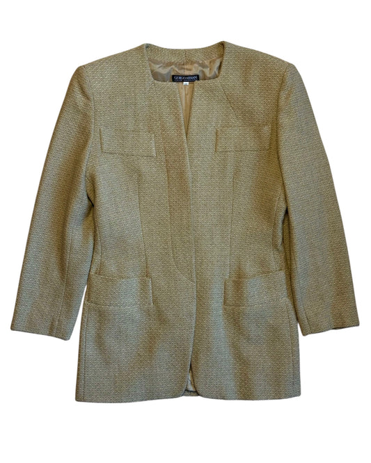 Front view of vintage Emporio Armani beige cashmere wool collarless blazer, women’s XS/S