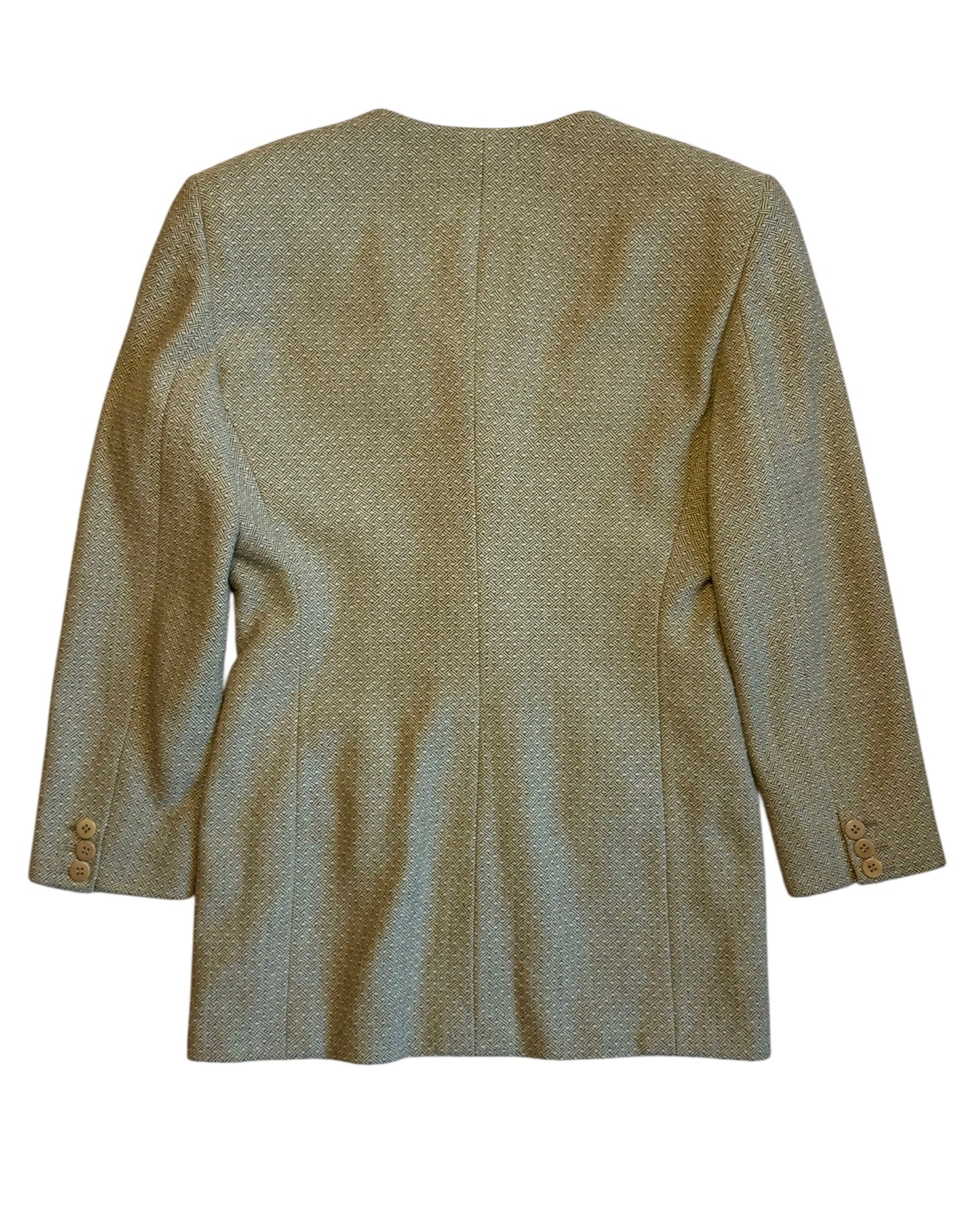 Back view of vintage Emporio Armani beige cashmere wool collarless blazer