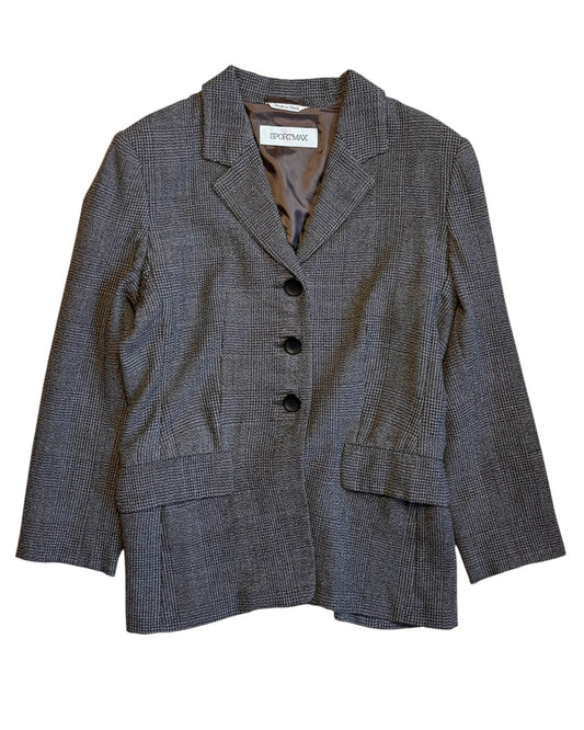 Front view of vintage Sportmax grey checked tailored jacket, women’s XS/S