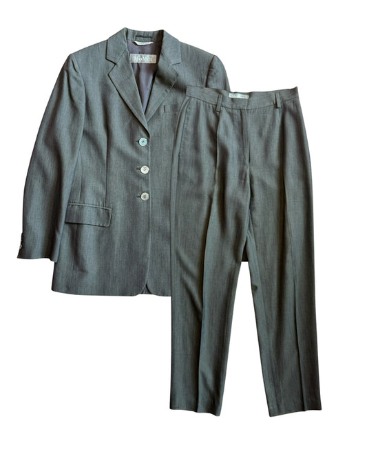 Gray suit jacket and pants on a white background