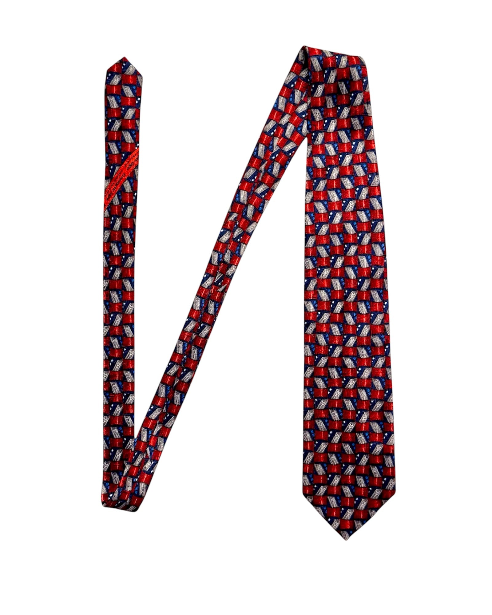Ermenegildo Zegna vintage silk necktie with red, blue, and silver geometric pattern on a textured silk fabric.