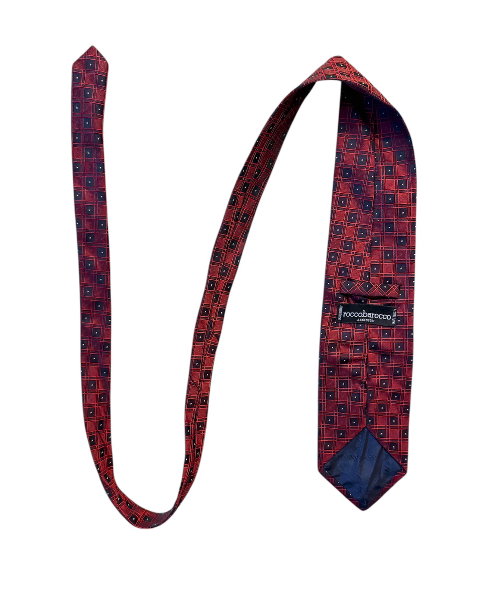 Red patterned tie with a visible brand label on a white background