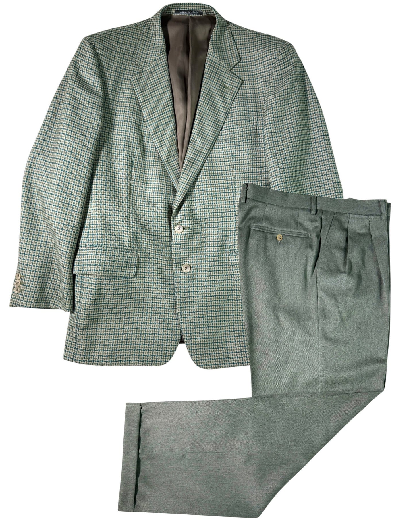 Green checkered suit jacket and pants on a white background