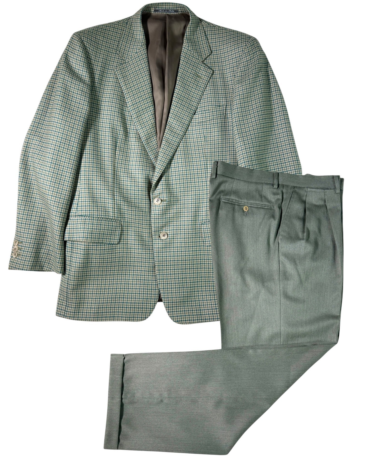 Green checkered suit jacket and pants on a white background