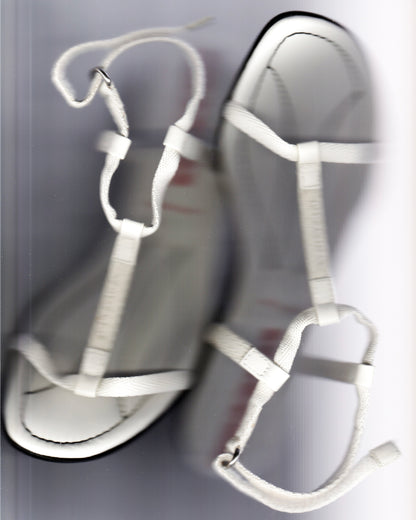 Vintage Prada Linea Rossa white strappy kitten heel sandals with red tab logo, size 37.5, shown against white background.