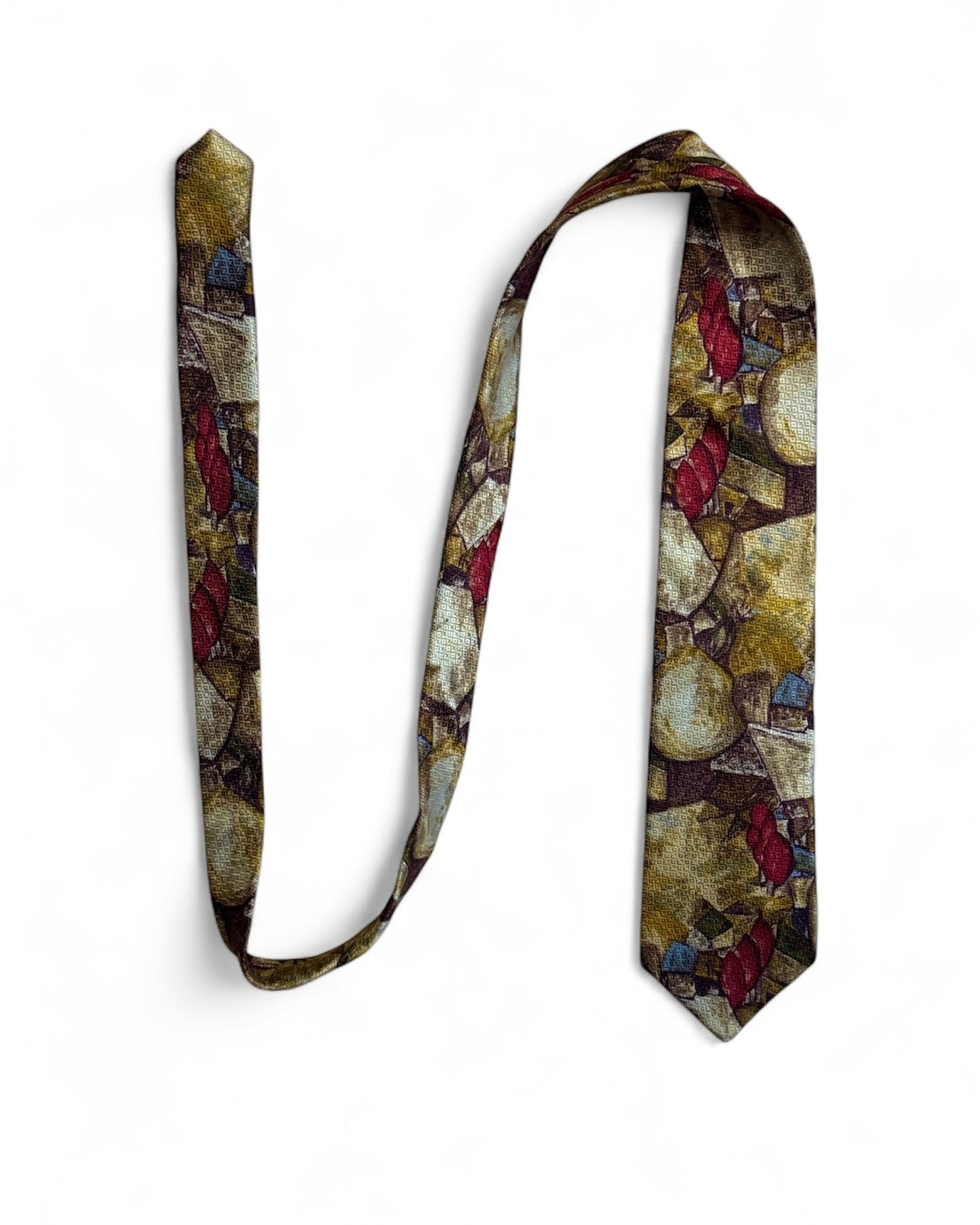 Ermenegildo Zegna vintage silk necktie with abstract gold, burgundy, and earthy pattern on a textured background.