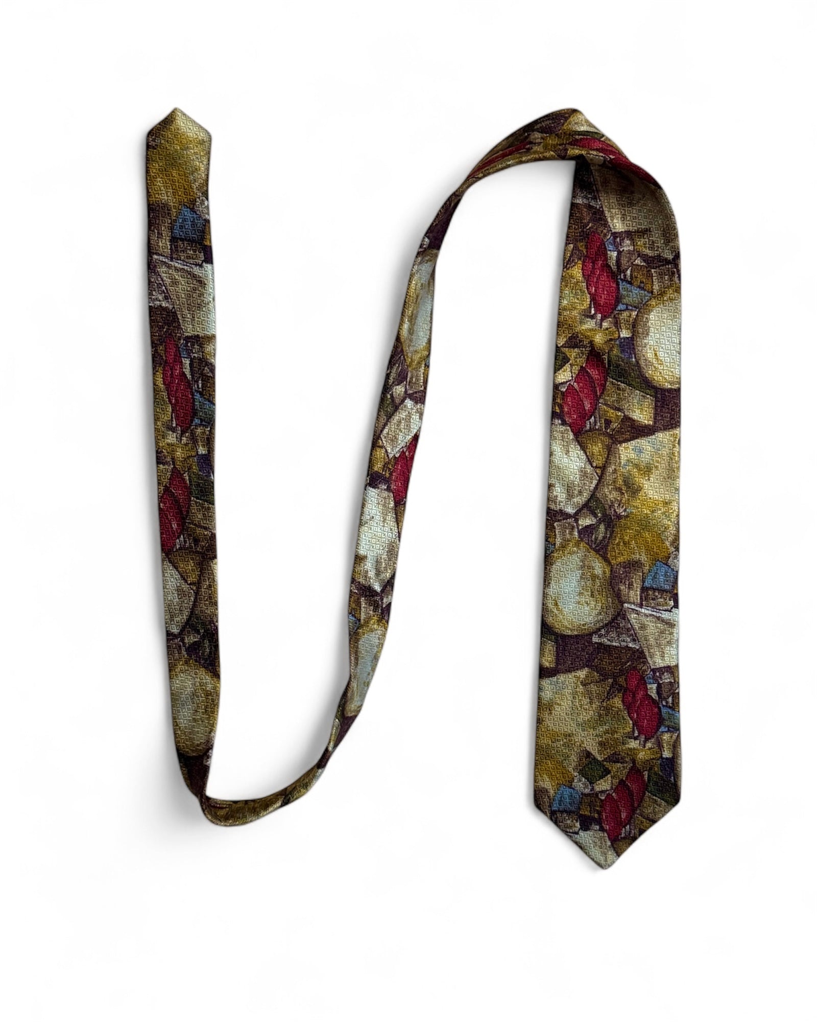 Ermenegildo Zegna vintage silk necktie with abstract gold, burgundy, and earthy pattern on a textured background.